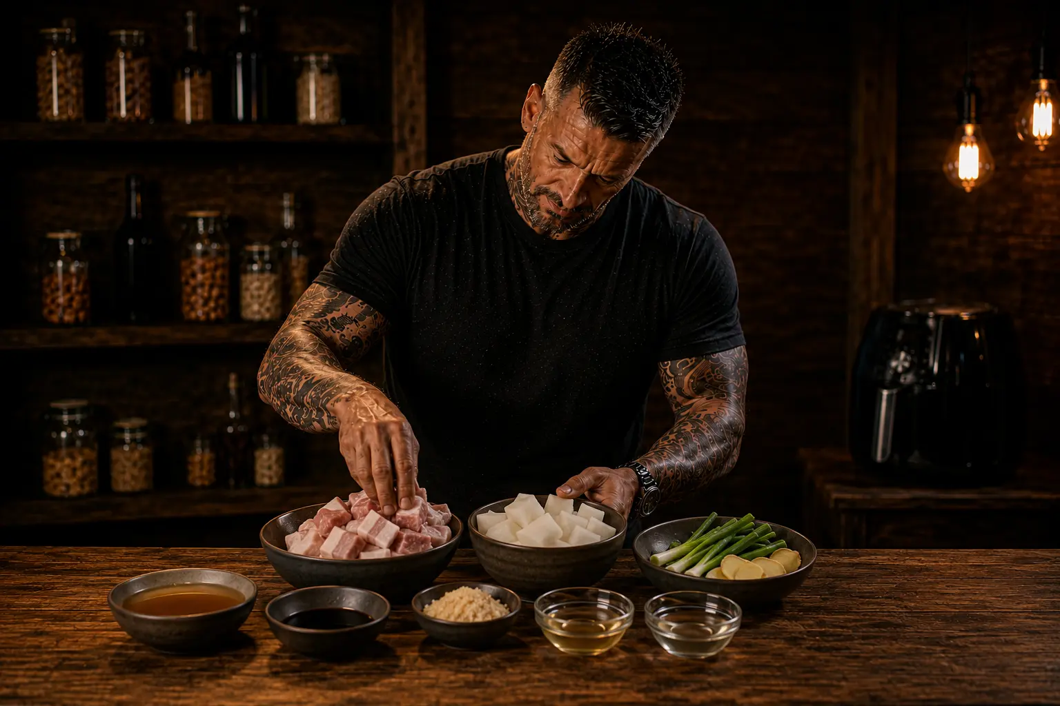 Air Fryer Okinawan Rafute Pork Belly & Daikon Pots preparation stage