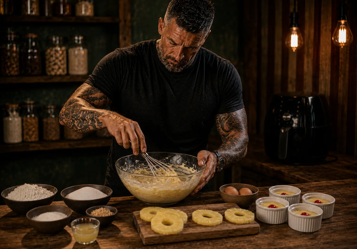 Air-Fryer Pineapple Upside-Down Cake Pots preparation stage