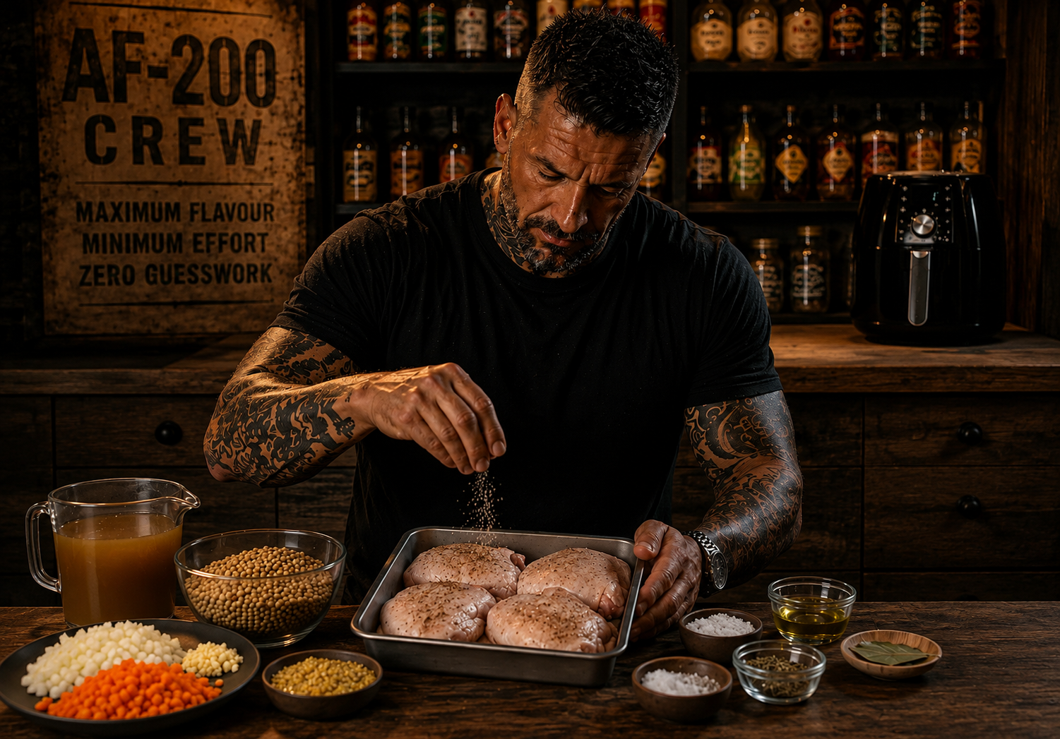 Air Fryer French Chicken Thigh, Lentil & Mustard Pots preparation stage