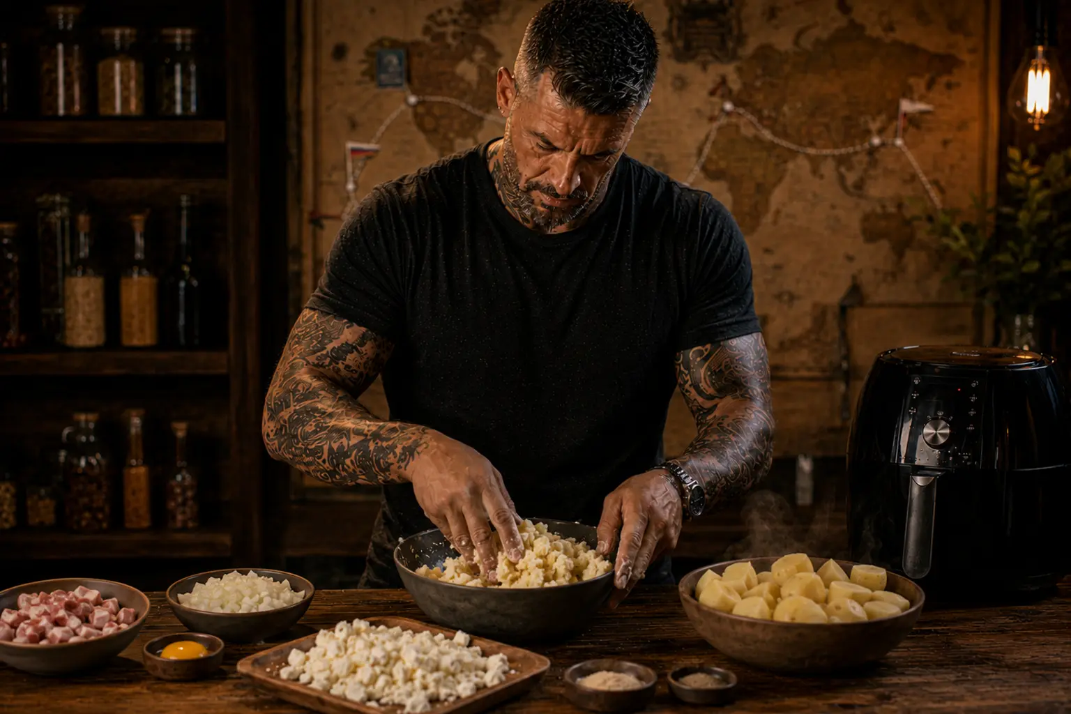 Air-Fryer Slovak Bryndza Bacon Potato Cakes preparation stage