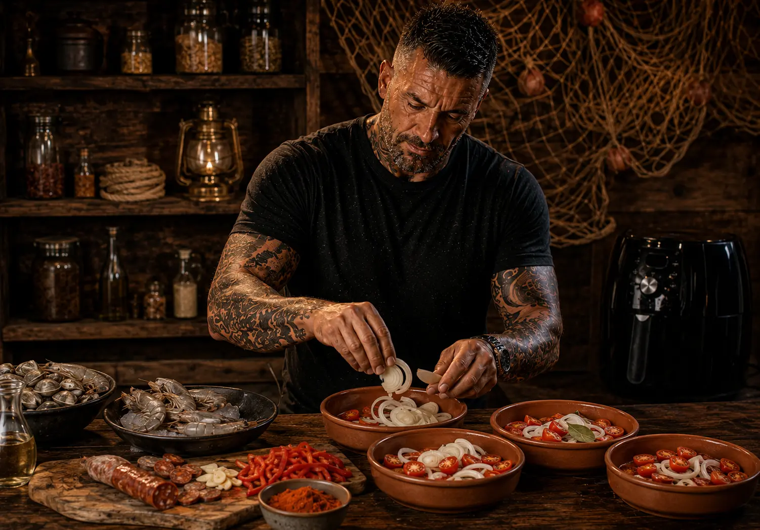 Air Fryer Portuguese Cataplana Clam & Prawn Pots preparation stage
