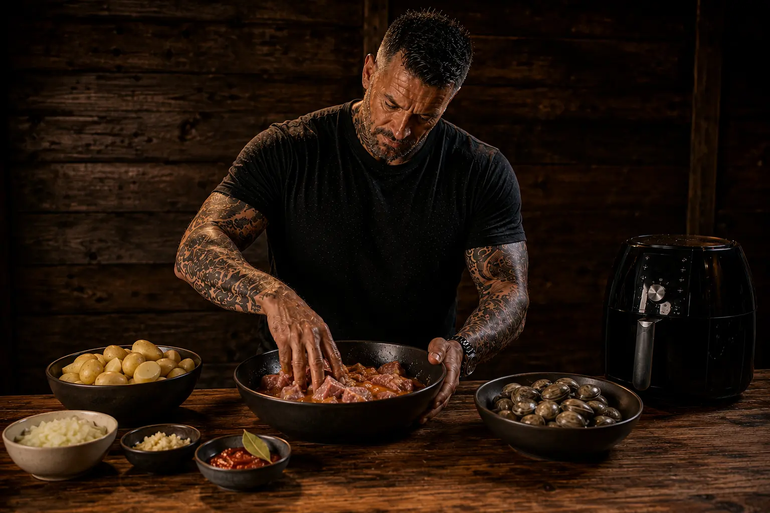 Air Fryer Portuguese Pork & Clam Potato Trays preparation stage