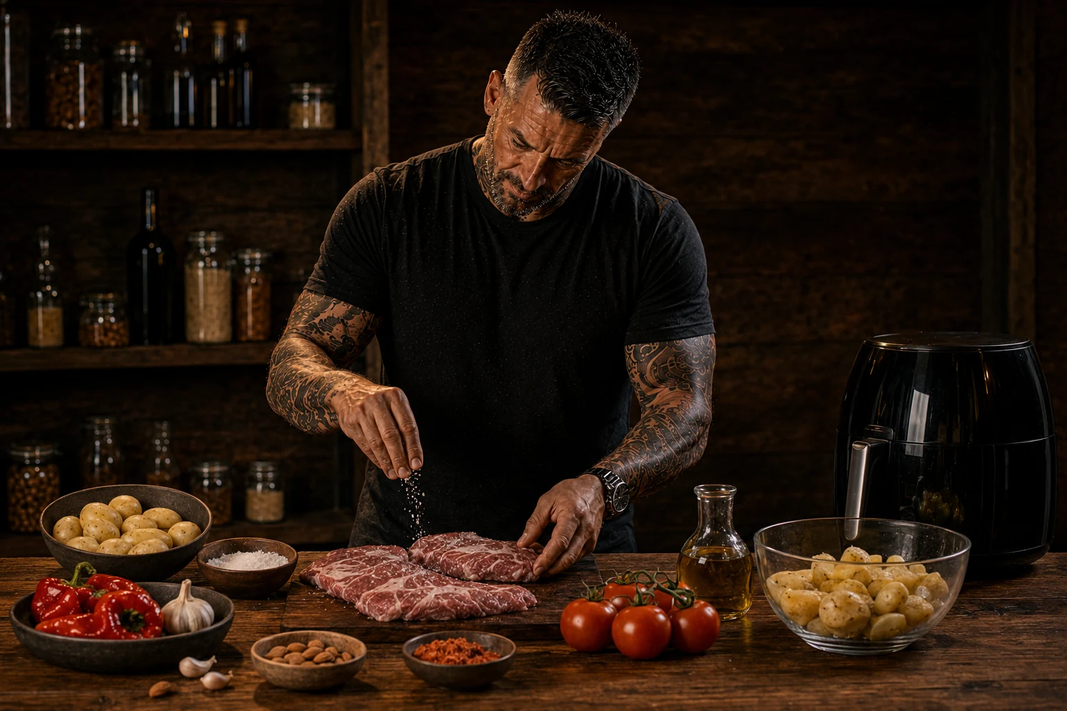 Air Fryer Spanish Secreto Pork & Romesco Potato Trays preparation stage