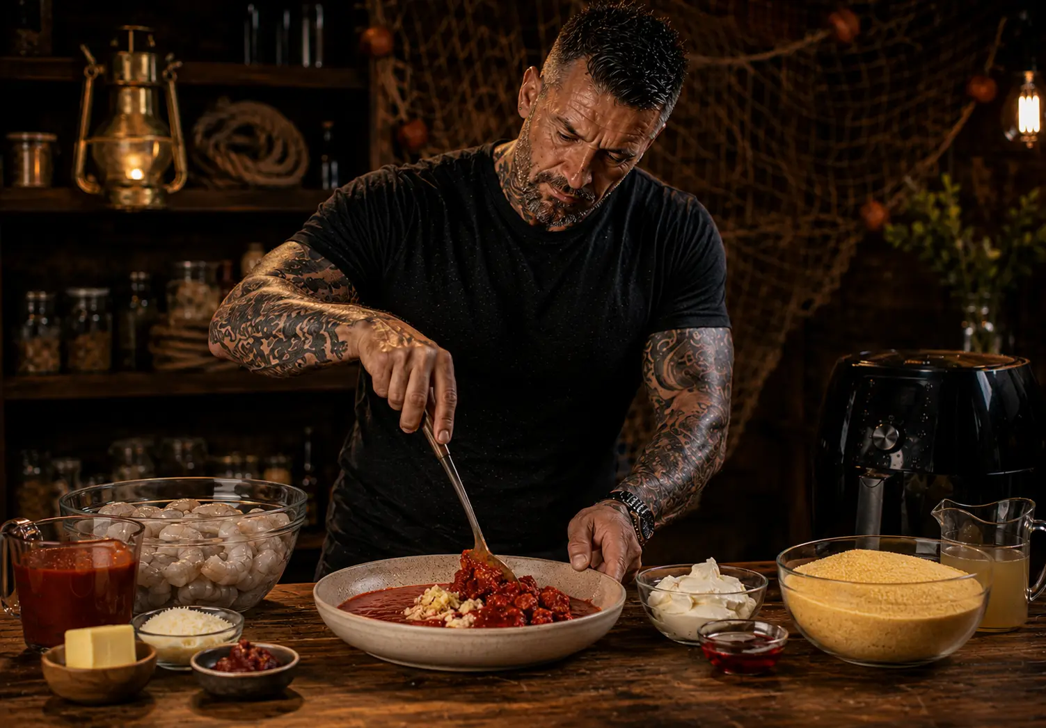 Air Fryer Italian Nduja Prawn Polenta Pots preparation stage