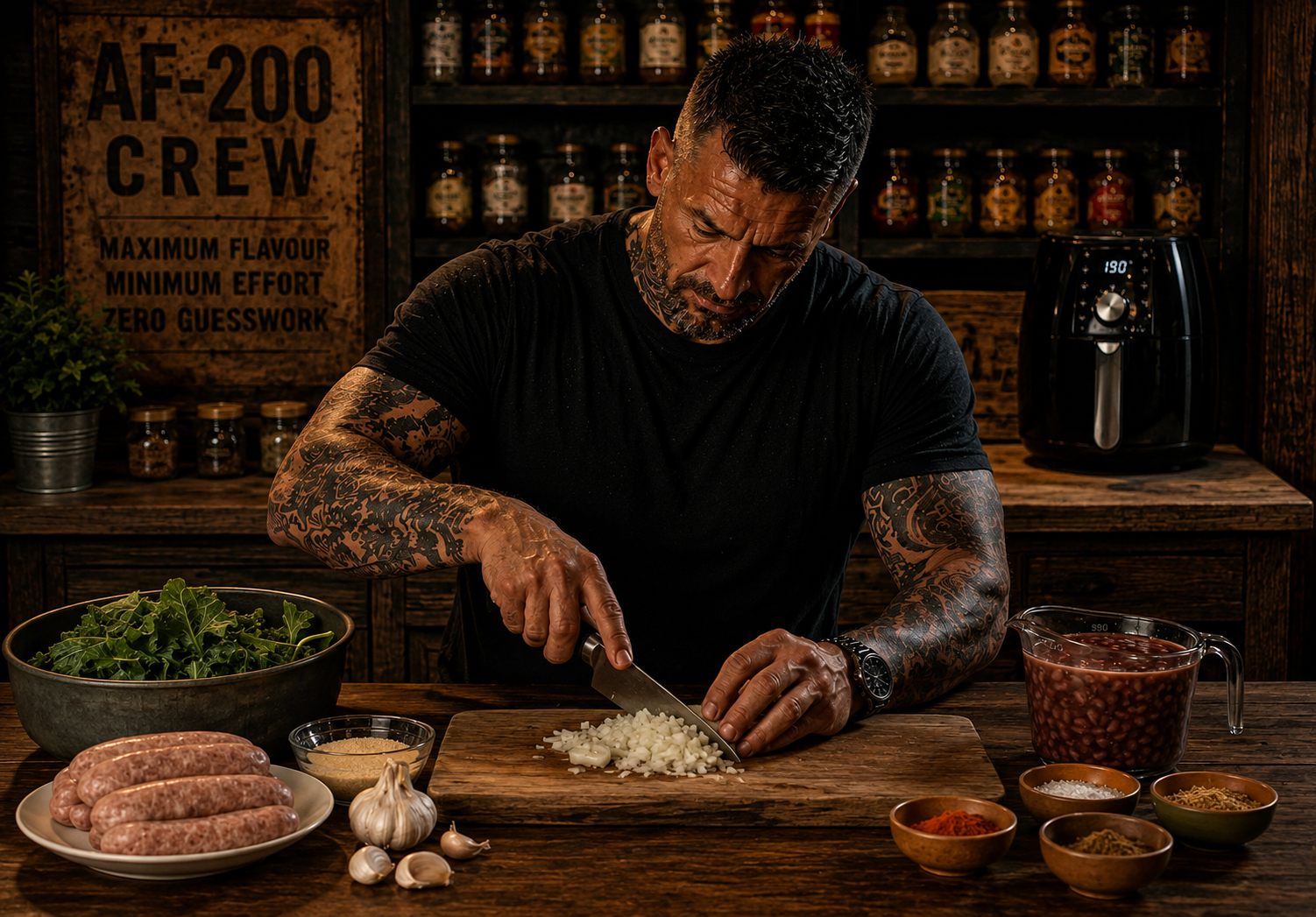 Air Fryer Brazilian Tutu de Feijao Sausage & Greens Pots preparation stage
