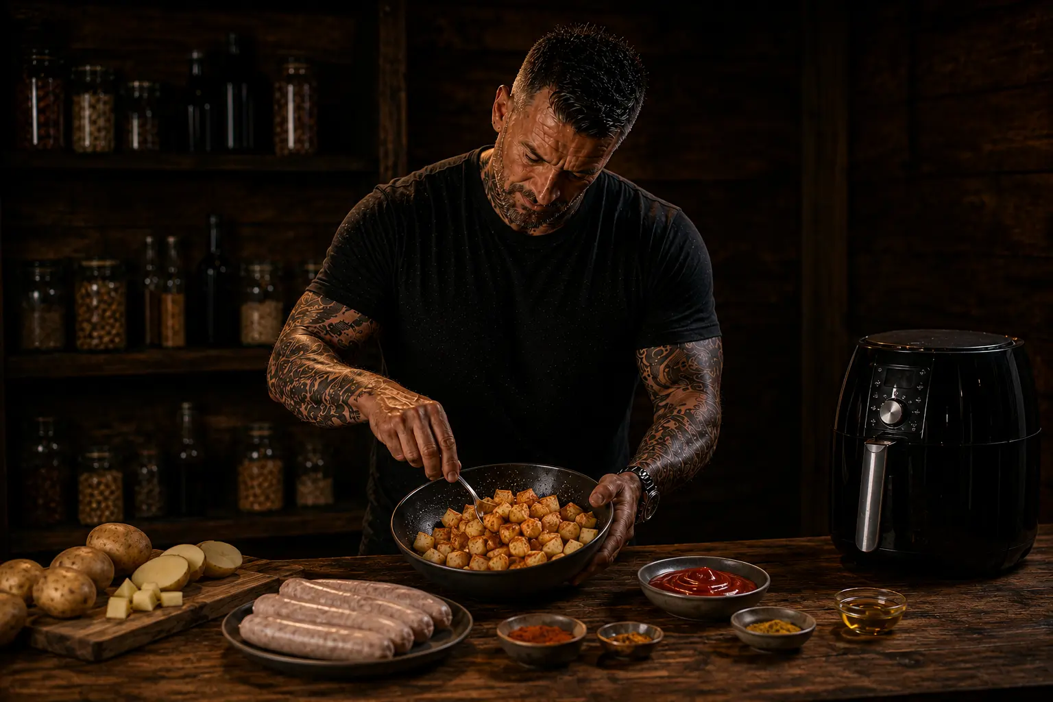 Air Fryer German Currywurst Loaded Potato Boxes preparation stage