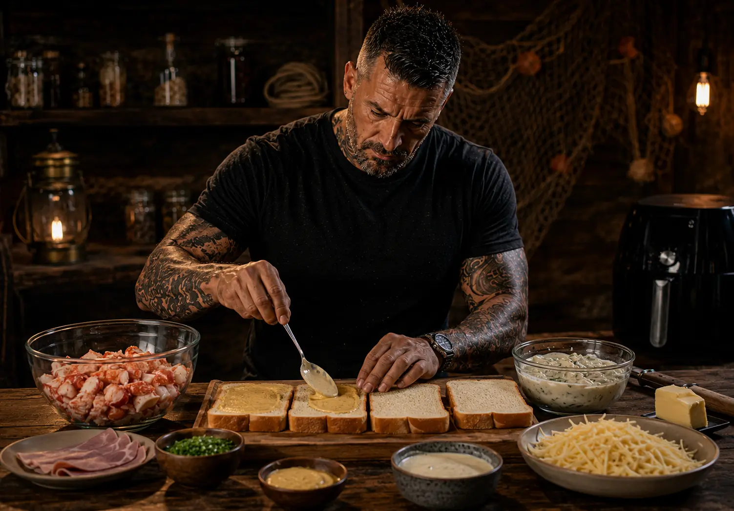Air Fryer French Lobster Croque Monsieur Melts preparation stage