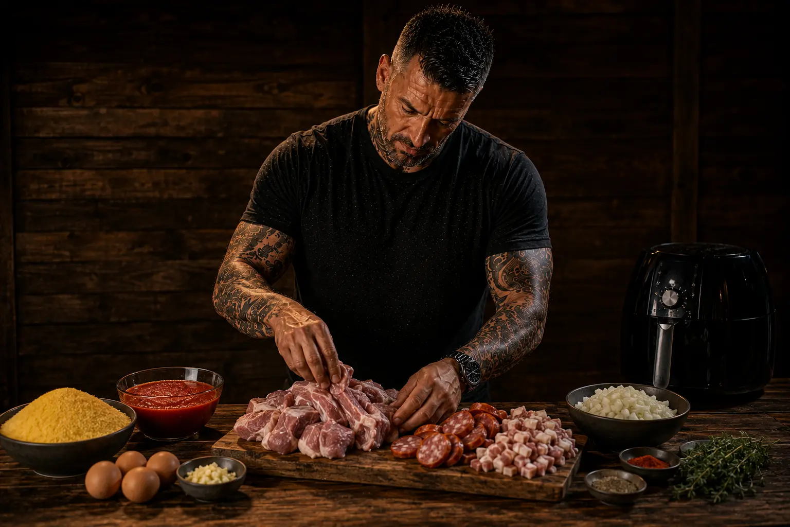 Air Fryer Romanian Tochitura Pork & Polenta Pots preparation stage