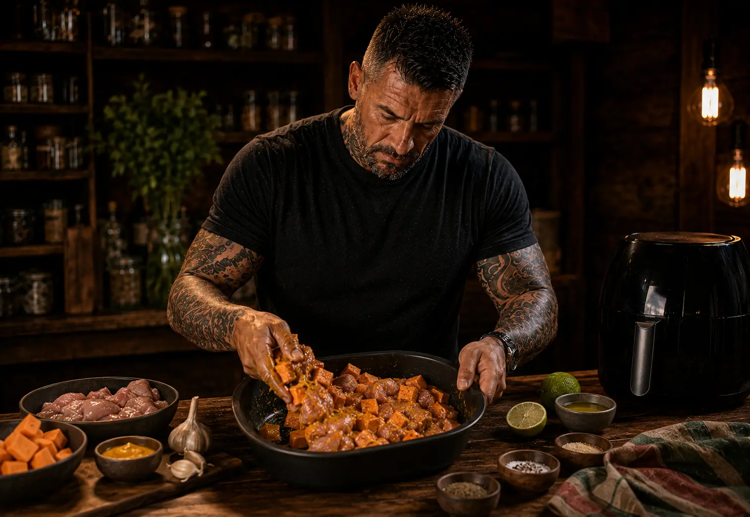 Air-Fryer Dominican Chicken Guisado Potato Pots preparation stage