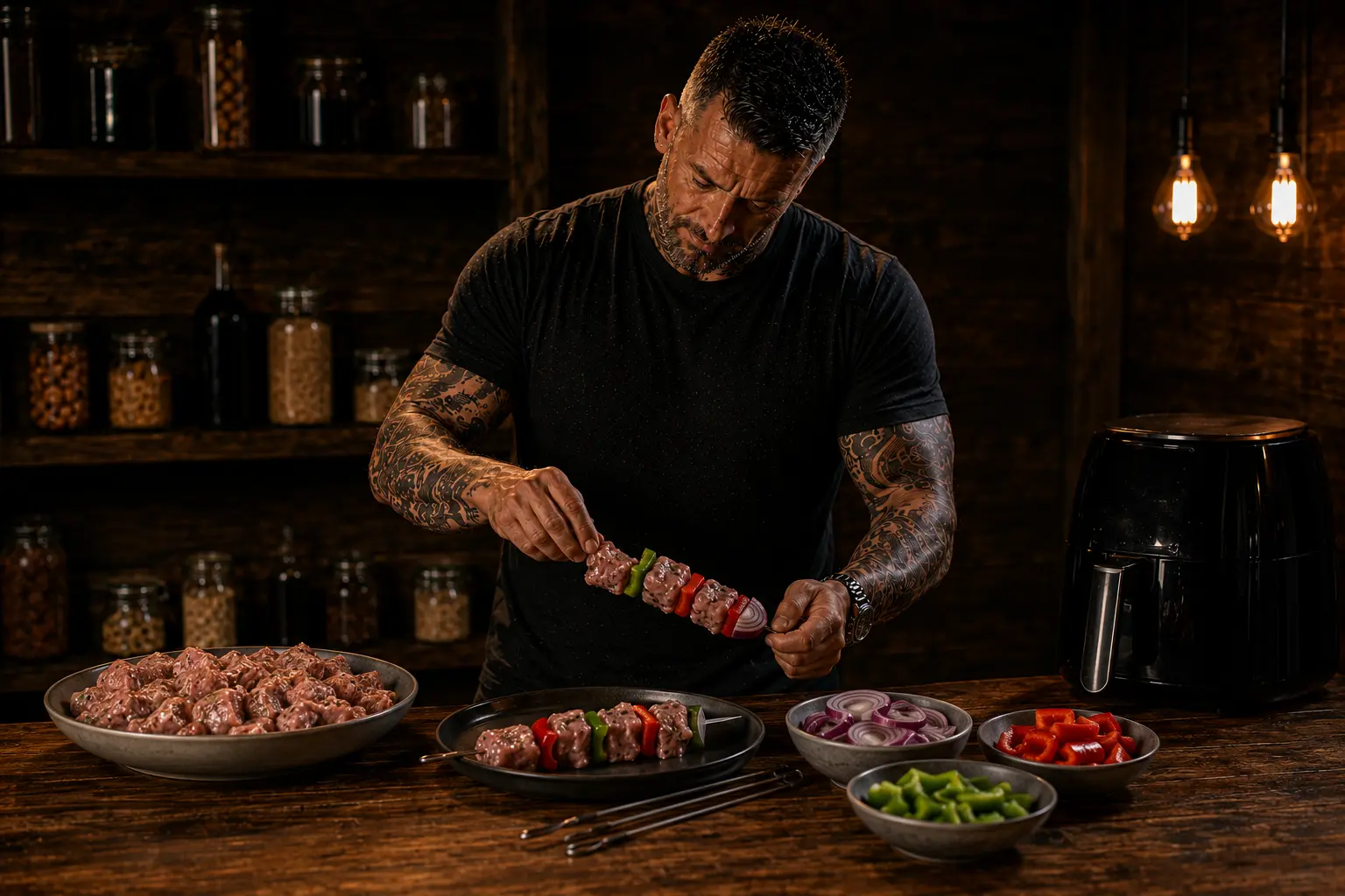 Air Fryer Greek Kontosouvli Pork & Pepper Skewers preparation stage