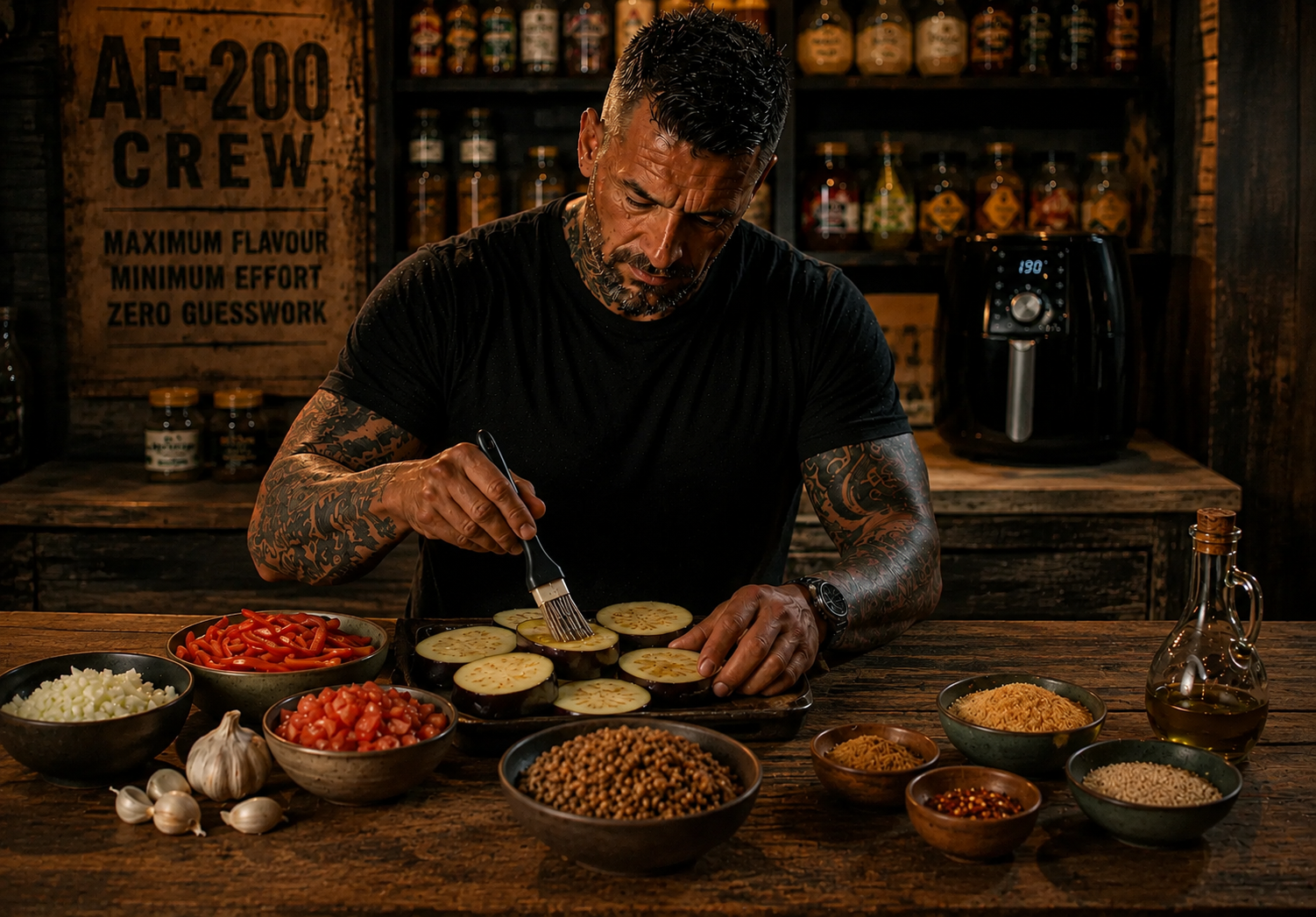 Air Fryer Egyptian Lentil Musaqa'a Aubergine Bake preparation stage