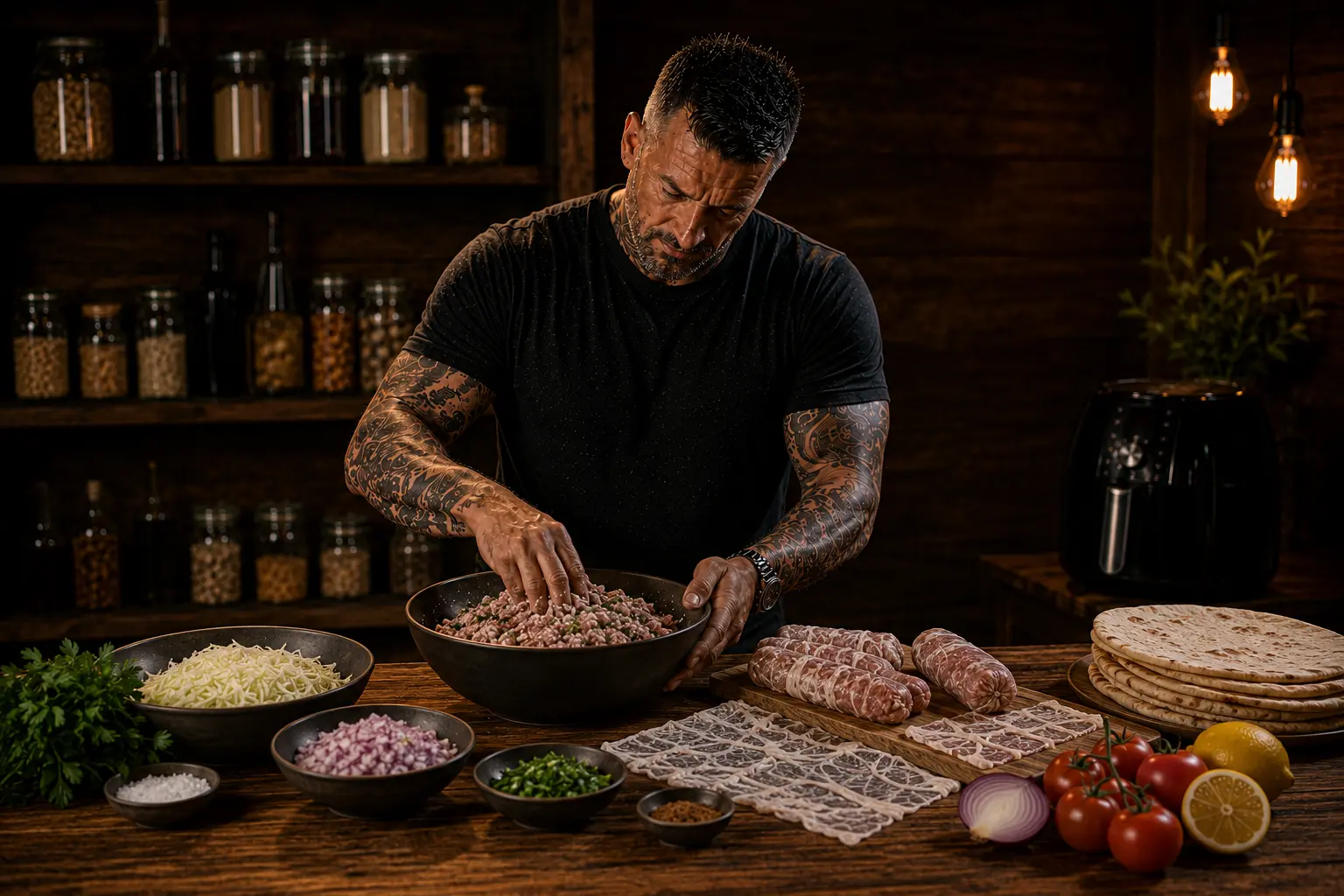 Air Fryer Cypriot Sheftalia Pork Herb Flatbreads preparation stage