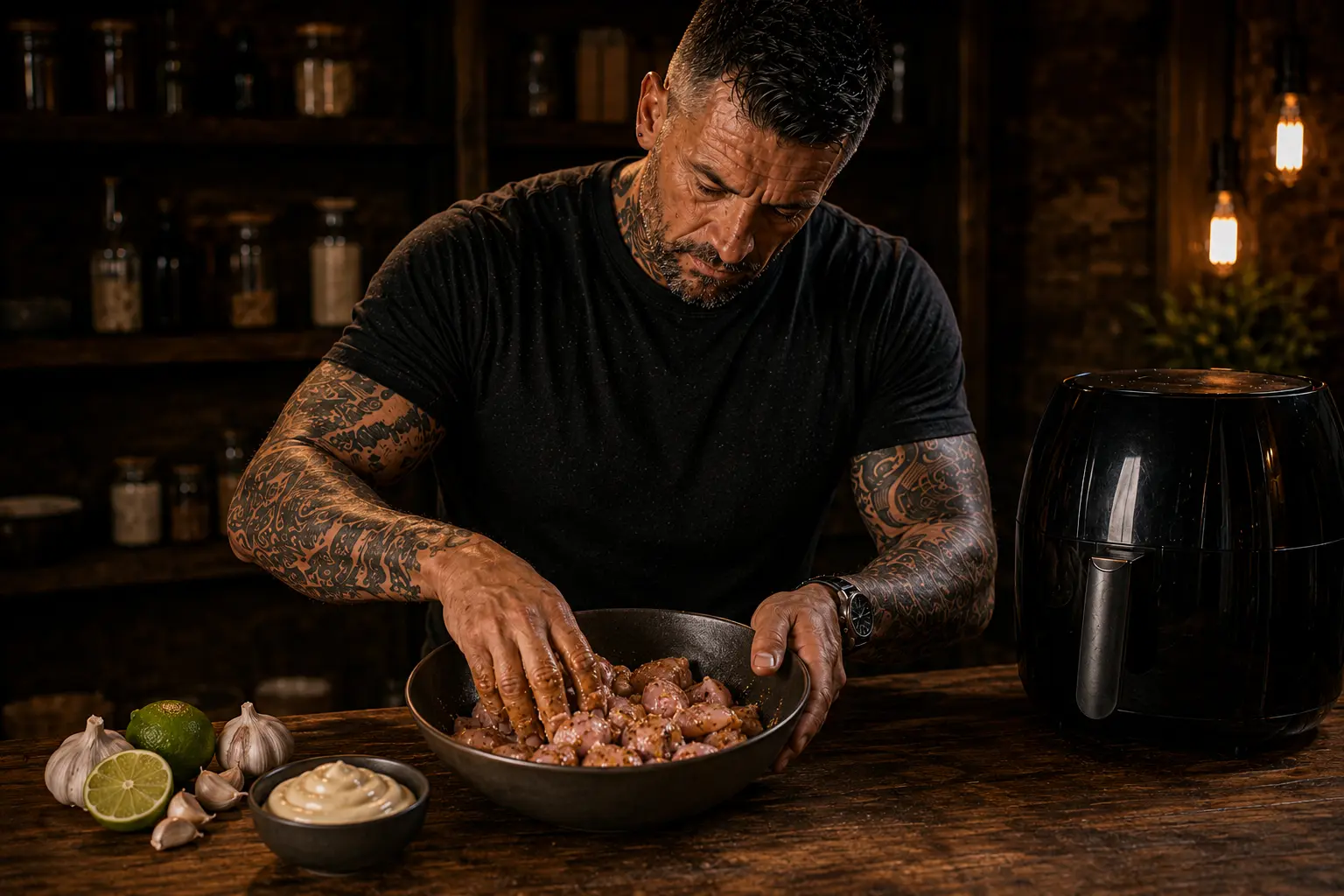 Air-Fryer Puerto Rican Chicharrón Chicken Bites with Mojo Mayo preparation stage