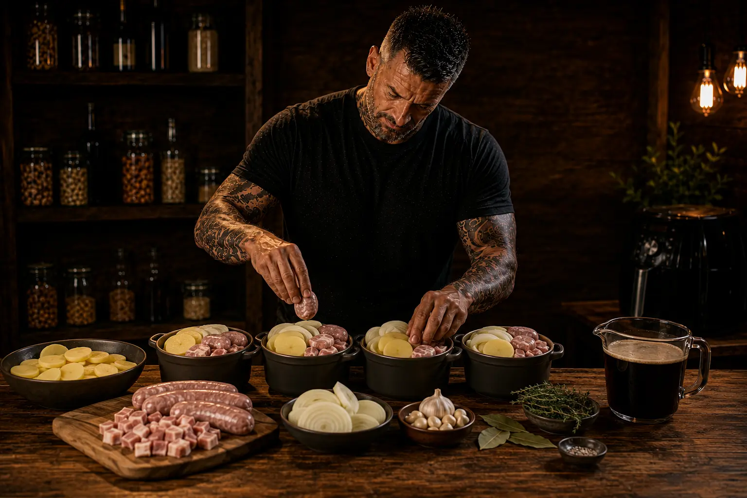 Air Fryer Irish Coddle Sausage Bacon Potato Pots preparation stage