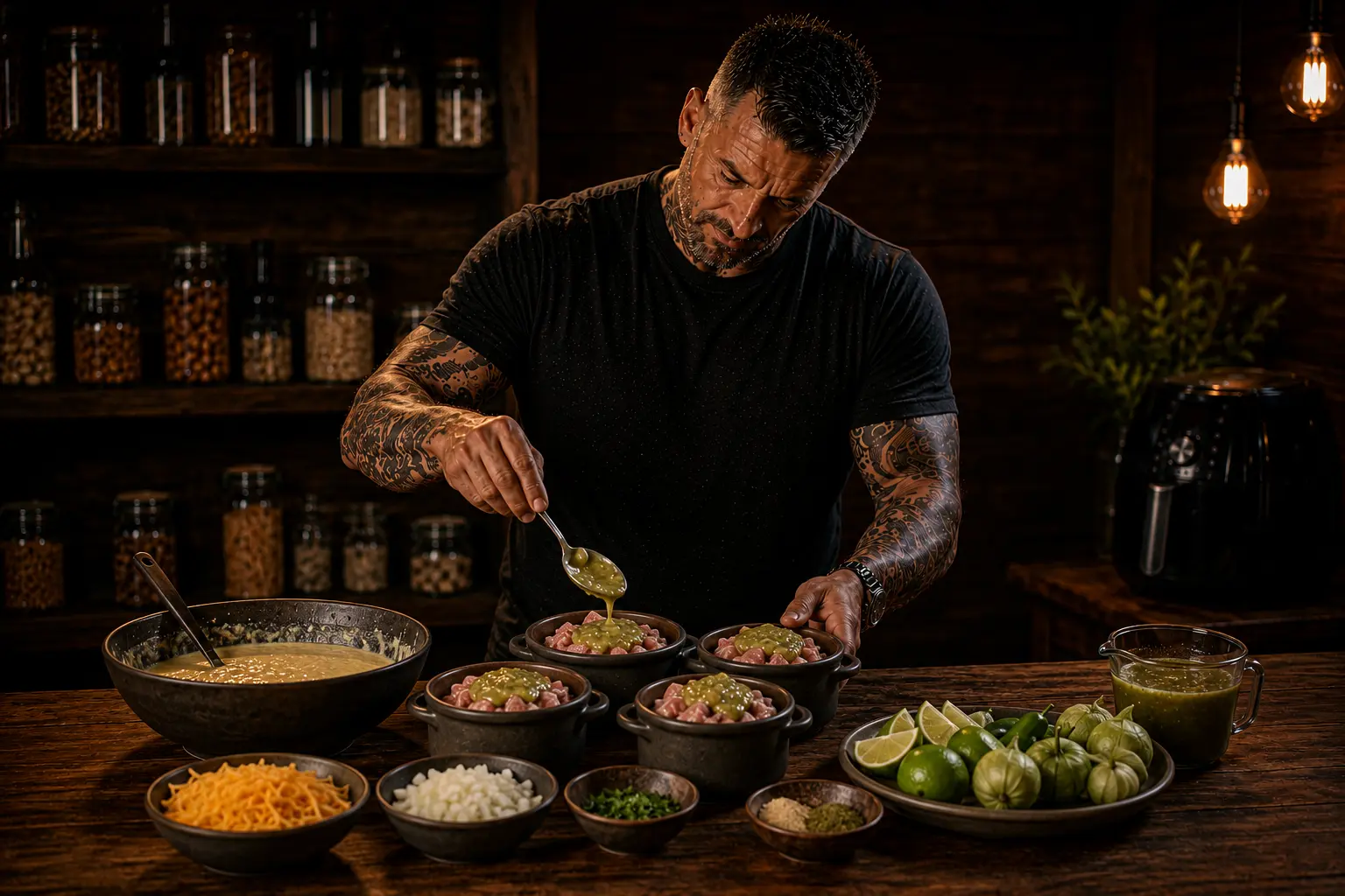 Air Fryer Mexican Pork Chile Verde Cornbread Pots preparation stage
