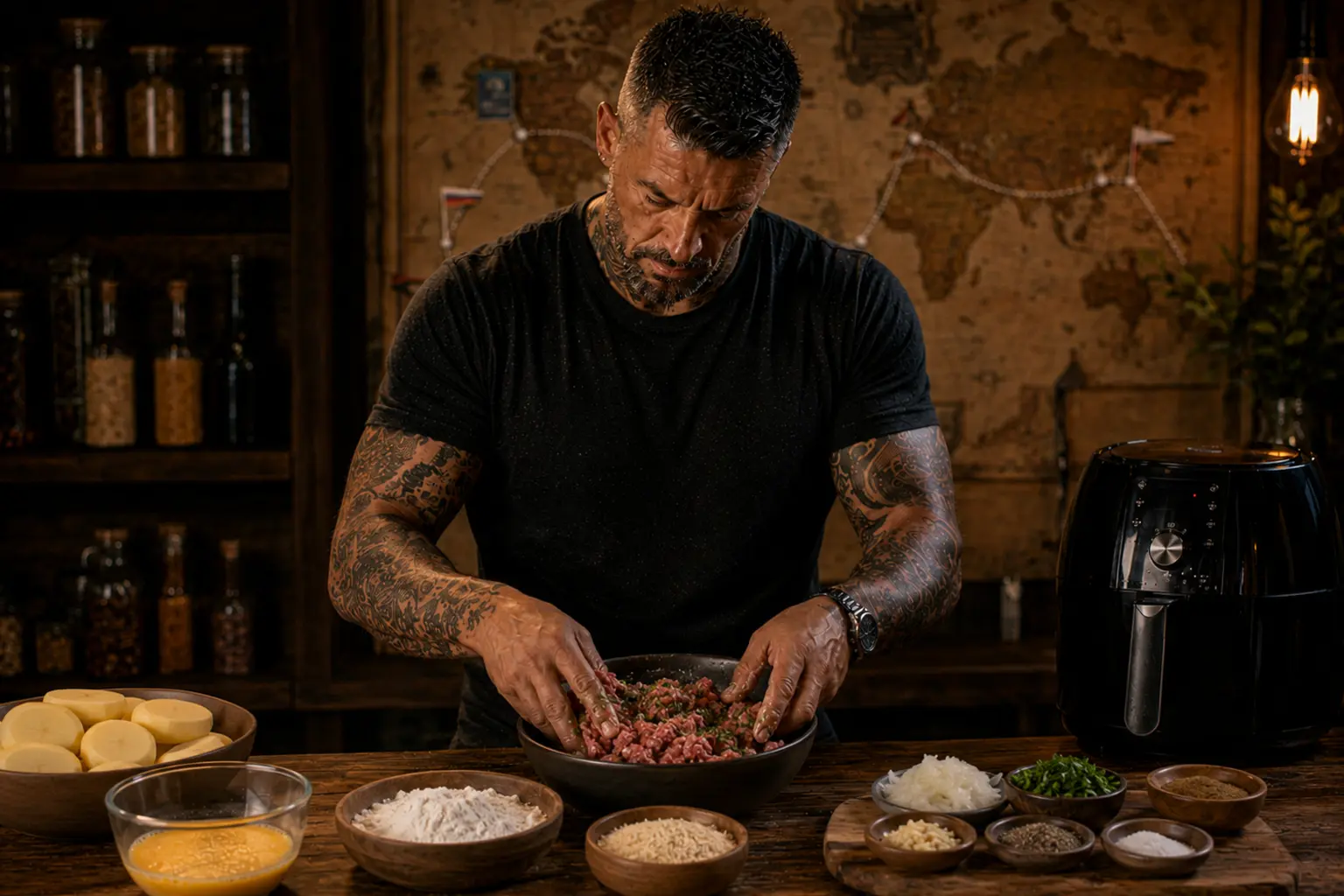 Air-Fryer Libyan Mbattan Lamb-Stuffed Potato Cakes preparation stage