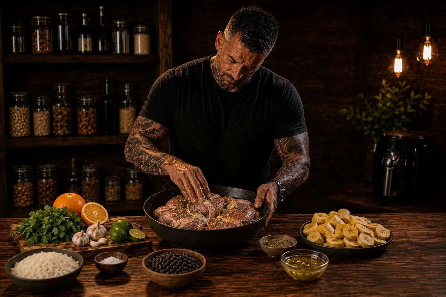 Air Fryer Puerto Rican Pernil Pork & Plantain Boxes preparation stage