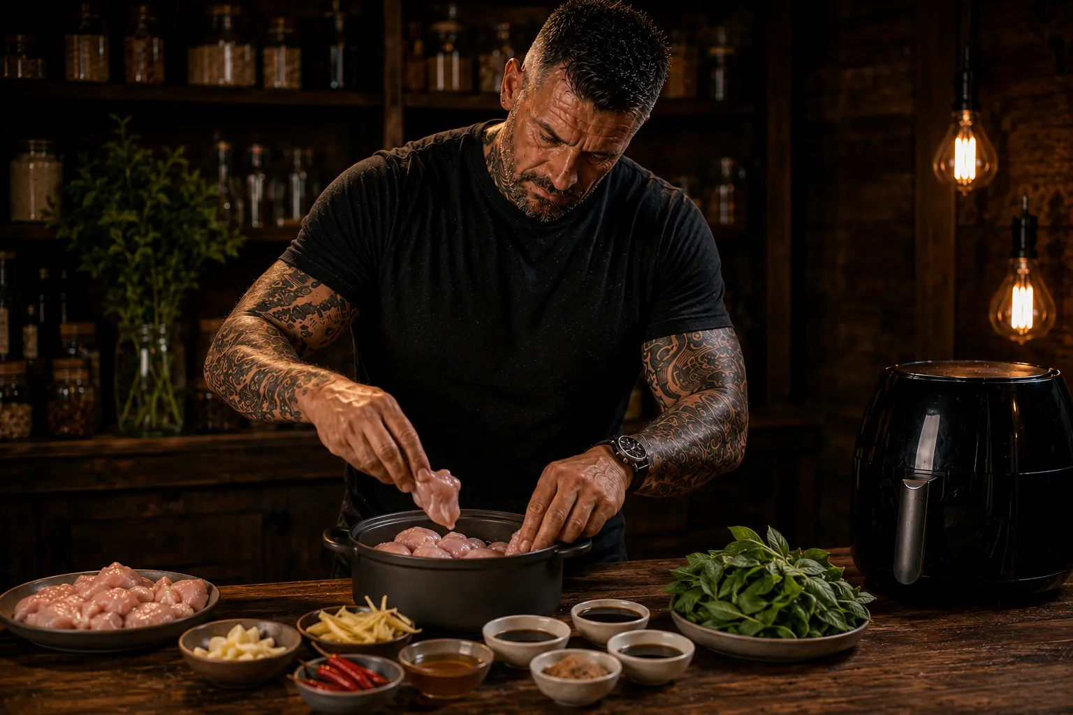 Air-Fryer Taiwanese Three-Cup Chicken & Basil Pots preparation stage