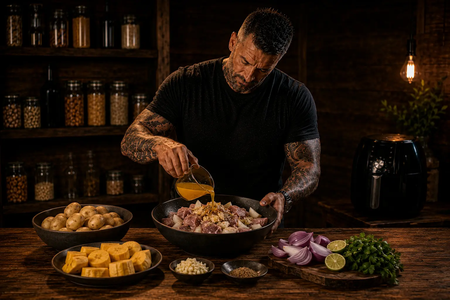 Air Fryer Ecuadorian Fritada Pork & Potato Trays preparation stage