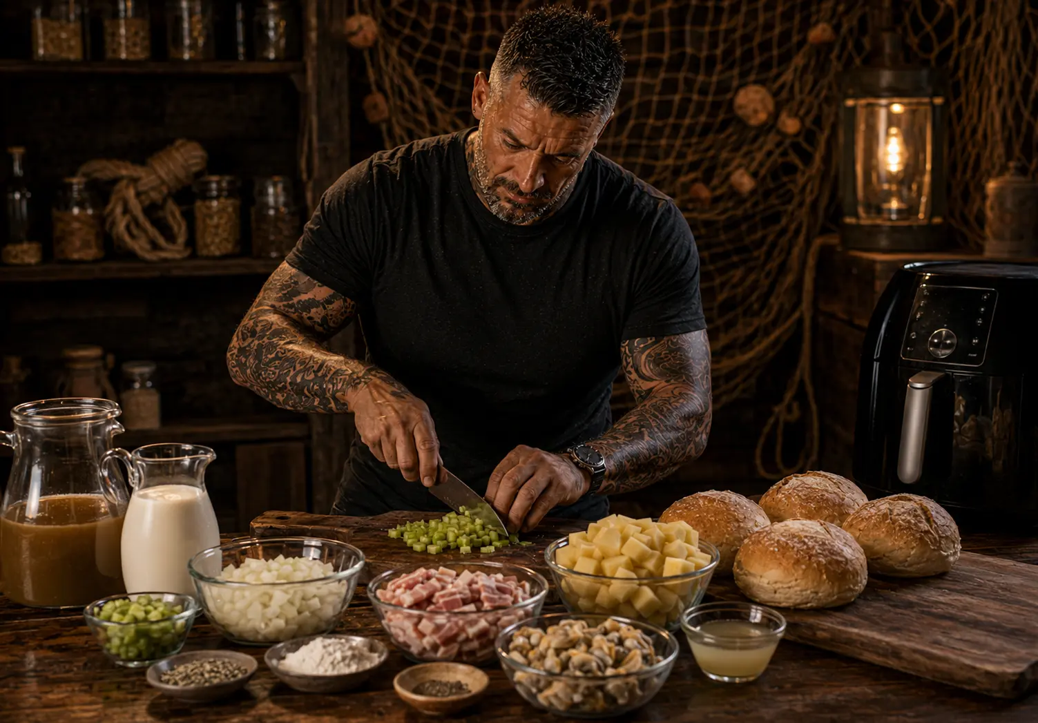 Air Fryer New England Clam Chowder Bread Bowls preparation stage