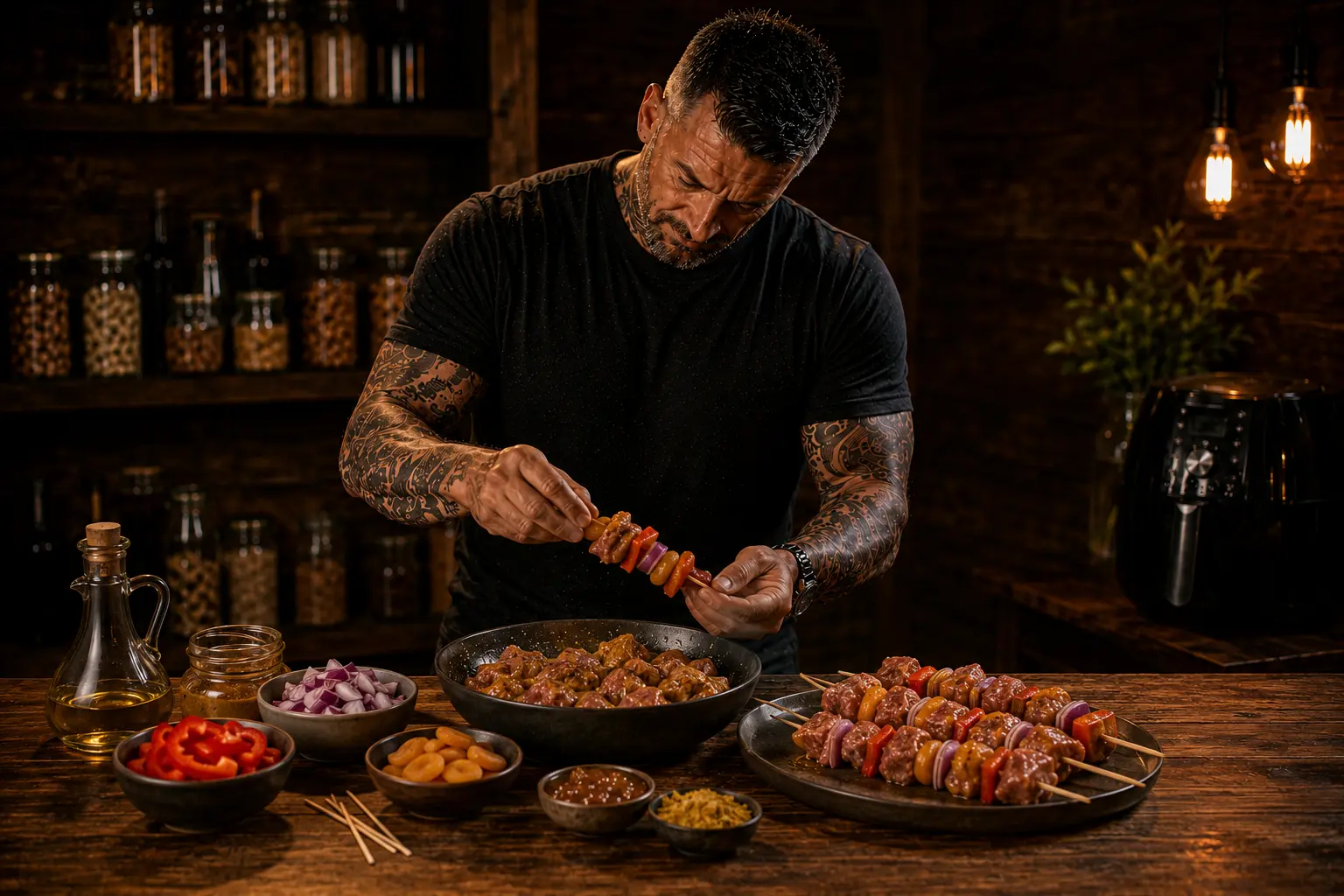 Air Fryer South African Pork Sosatie Apricot Skewers preparation stage