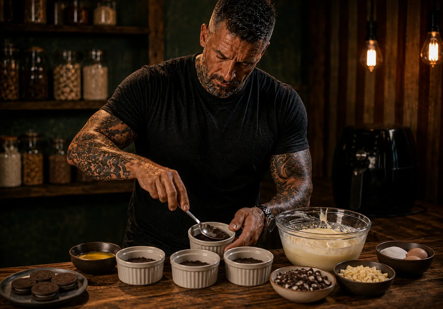Air-Fryer Cookies & Cream Cheesecake Pots preparation stage