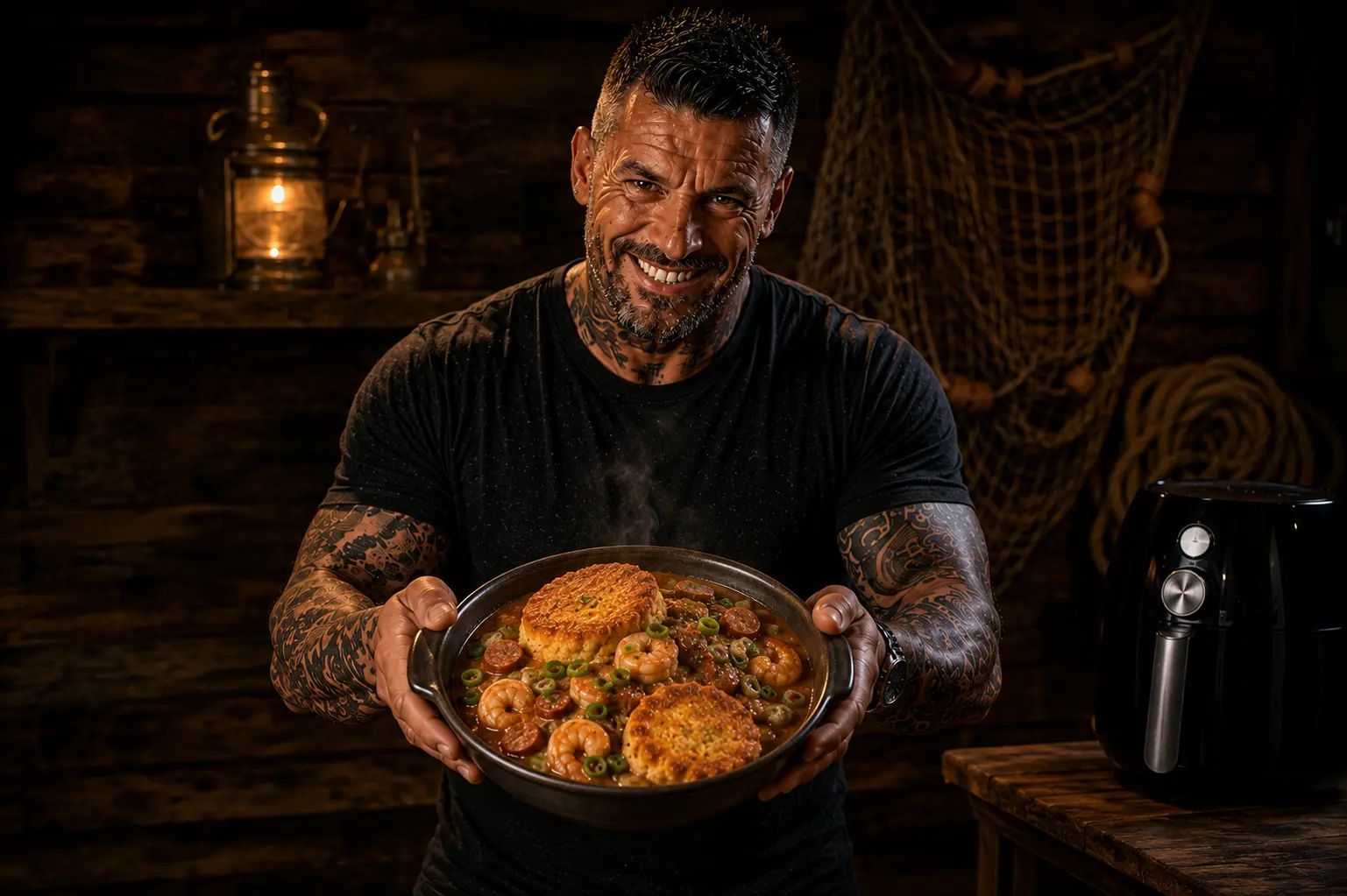 Air Fryer Cajun Prawn Gumbo Cornbread Pots