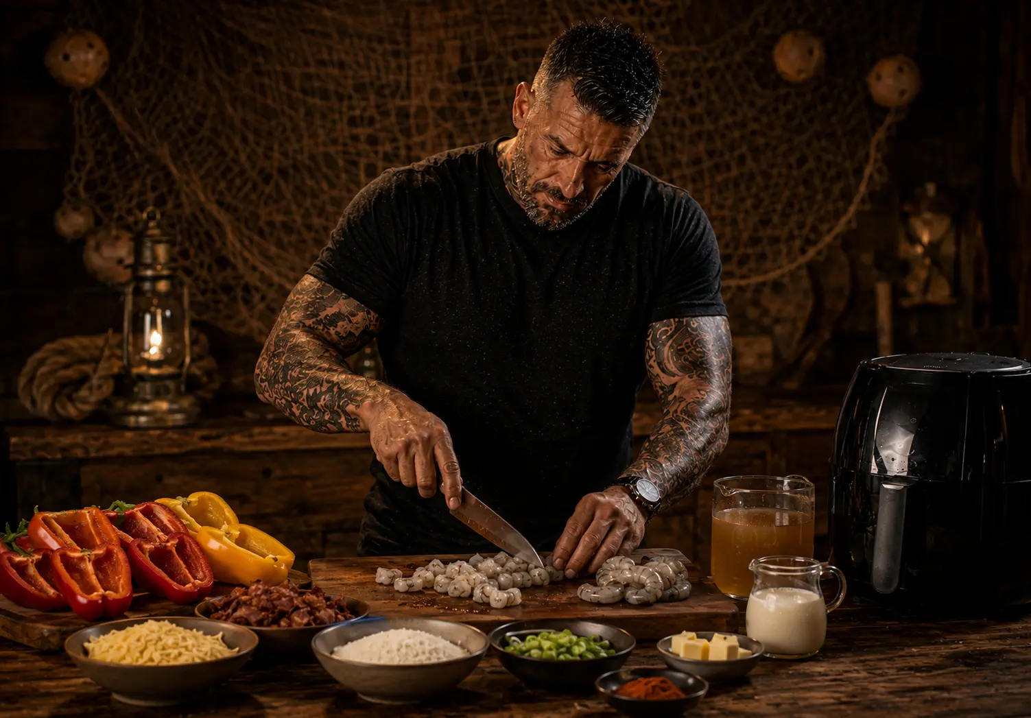 Air Fryer Southern Shrimp & Grits Stuffed Pepper Boats preparation stage