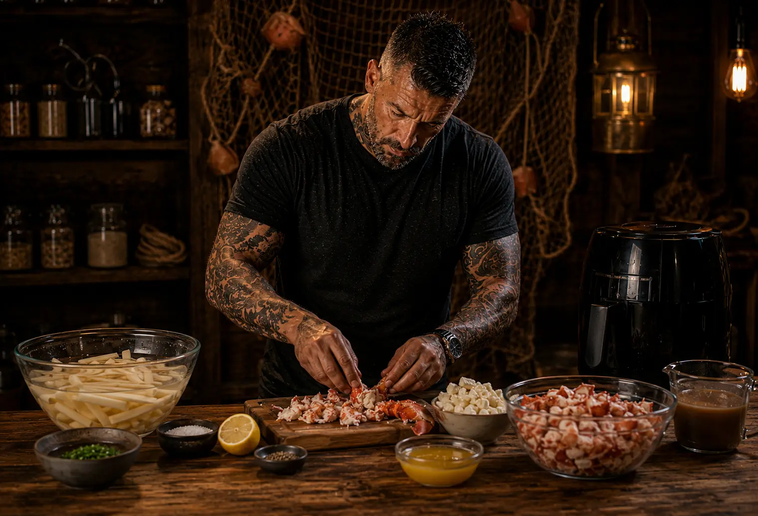 Air Fryer Canadian Lobster Poutine Pots preparation stage