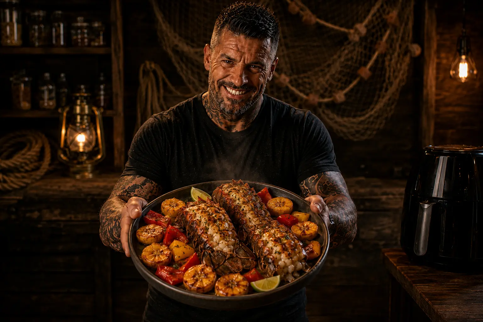 Air Fryer Caribbean Rum-Lime Lobster & Plantain Trays