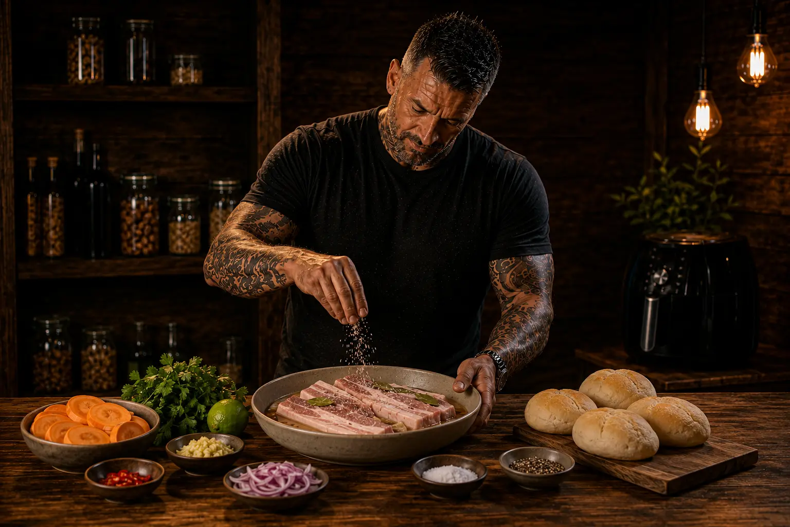 Air Fryer Peruvian Chicharron Pork & Sweet Potato Baps preparation stage