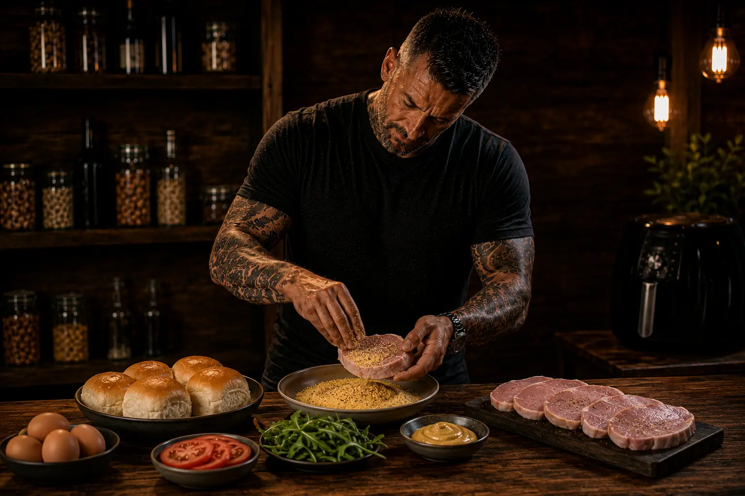 Air Fryer Canadian Peameal Bacon Breakfast Baps preparation stage