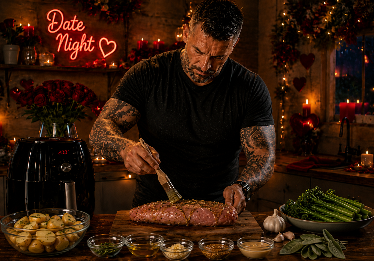Air-Fryer Apple Cider Pork Tenderloin with Sage Potatoes preparation stage