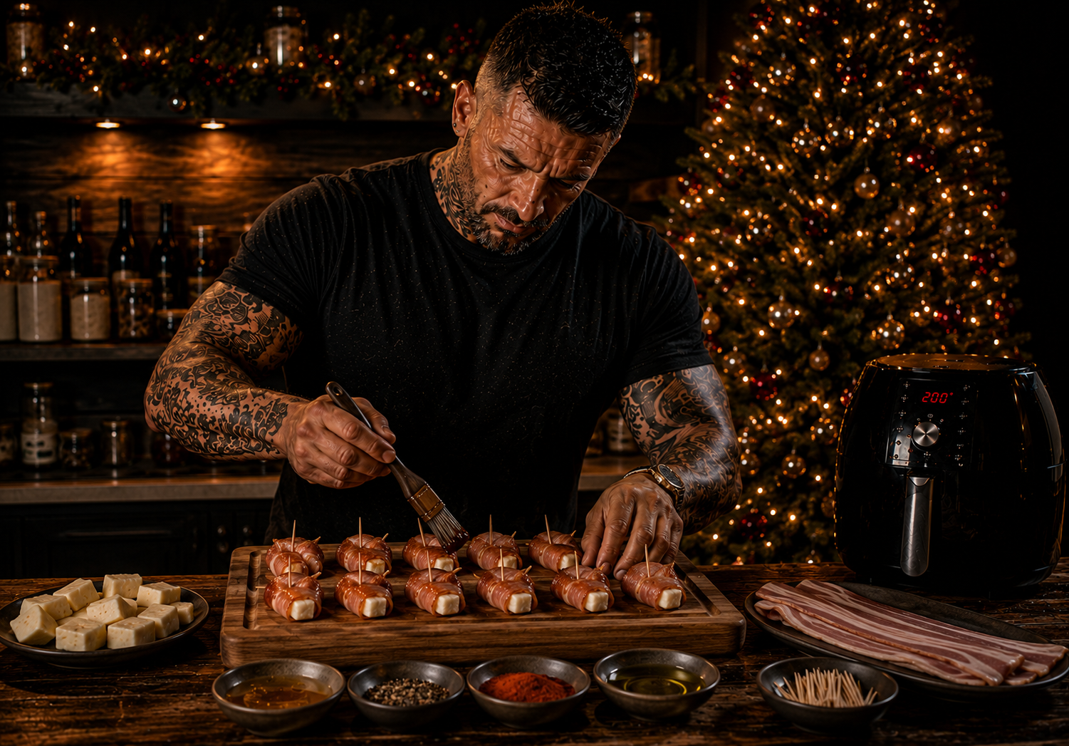 Air-Fryer Bacon Wrapped Halloumi Bites preparation stage