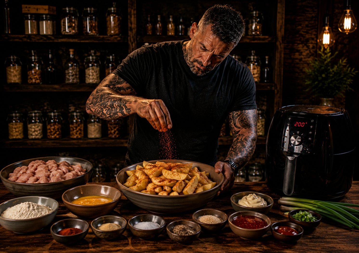 Air-Fryer Bang Bang Chicken Loaded Wedges preparation stage