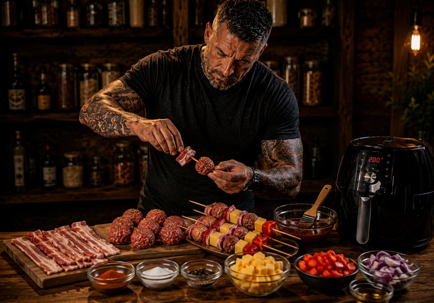 Air-Fryer BBQ Bacon Cheeseburger Skewers preparation stage