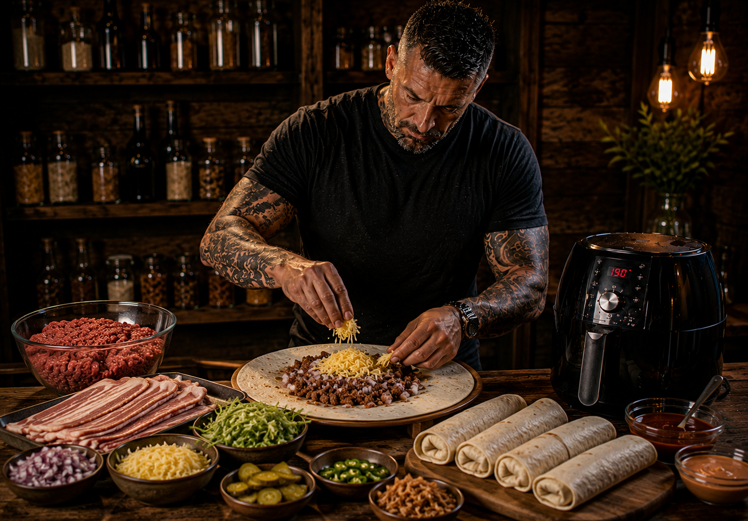 Air Fryer BBQ Bacon Cheeseburger Wraps preparation stage
