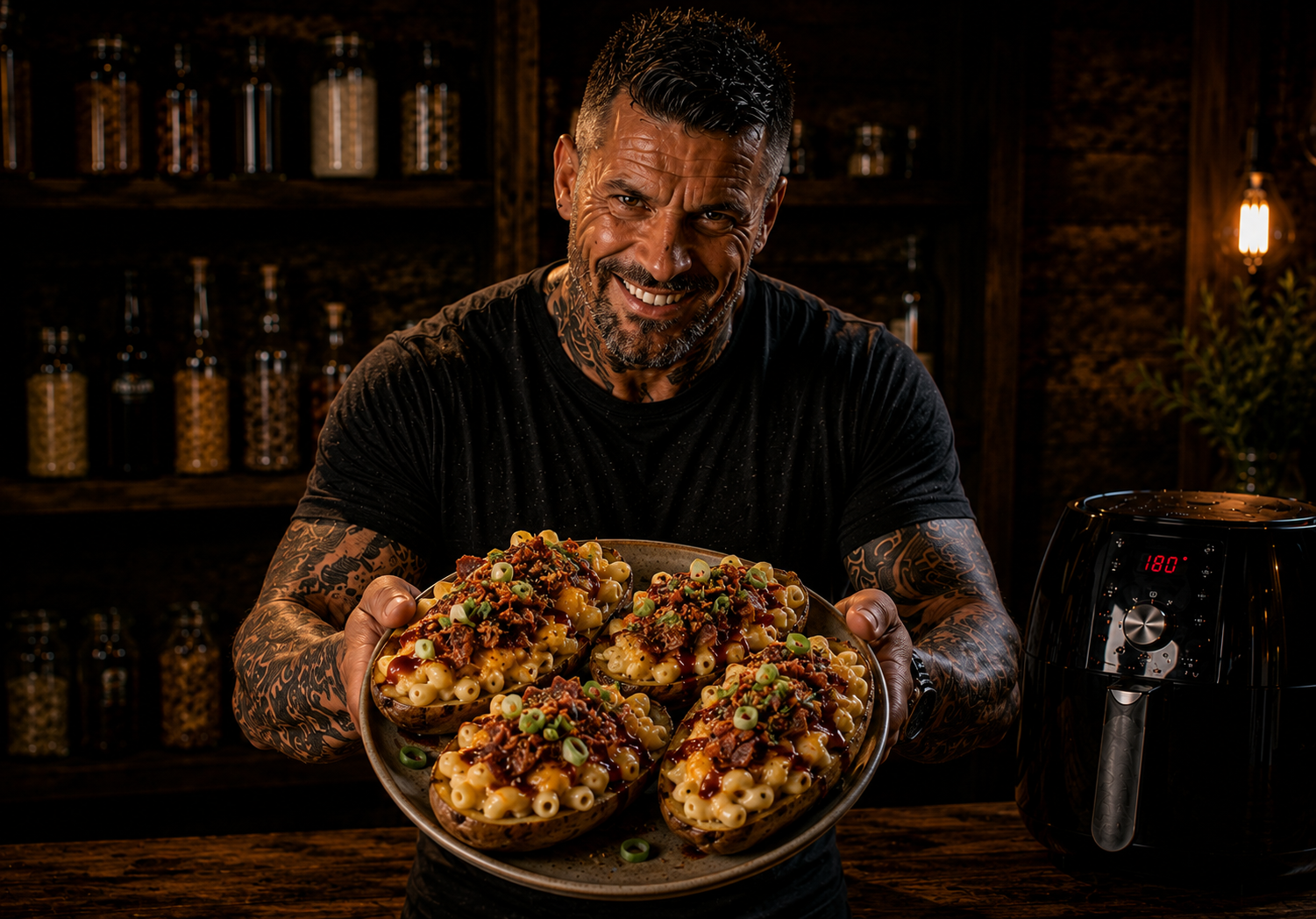 Air Fryer BBQ Bacon Mac Potato Boats