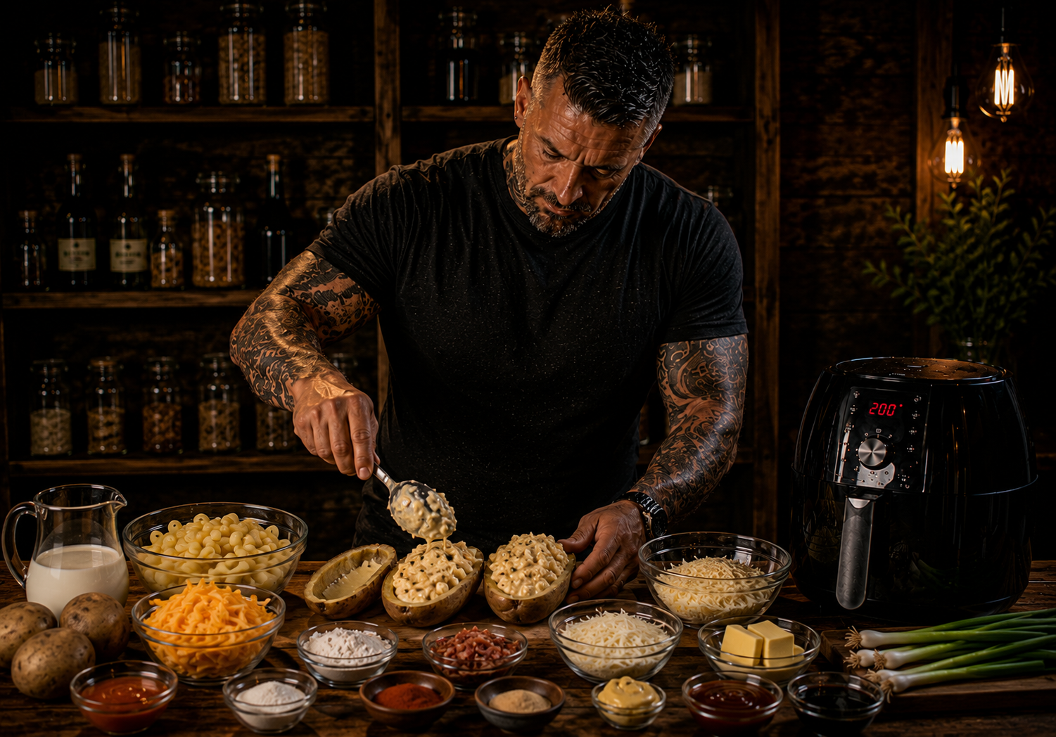 Air Fryer BBQ Bacon Mac Potato Boats preparation stage