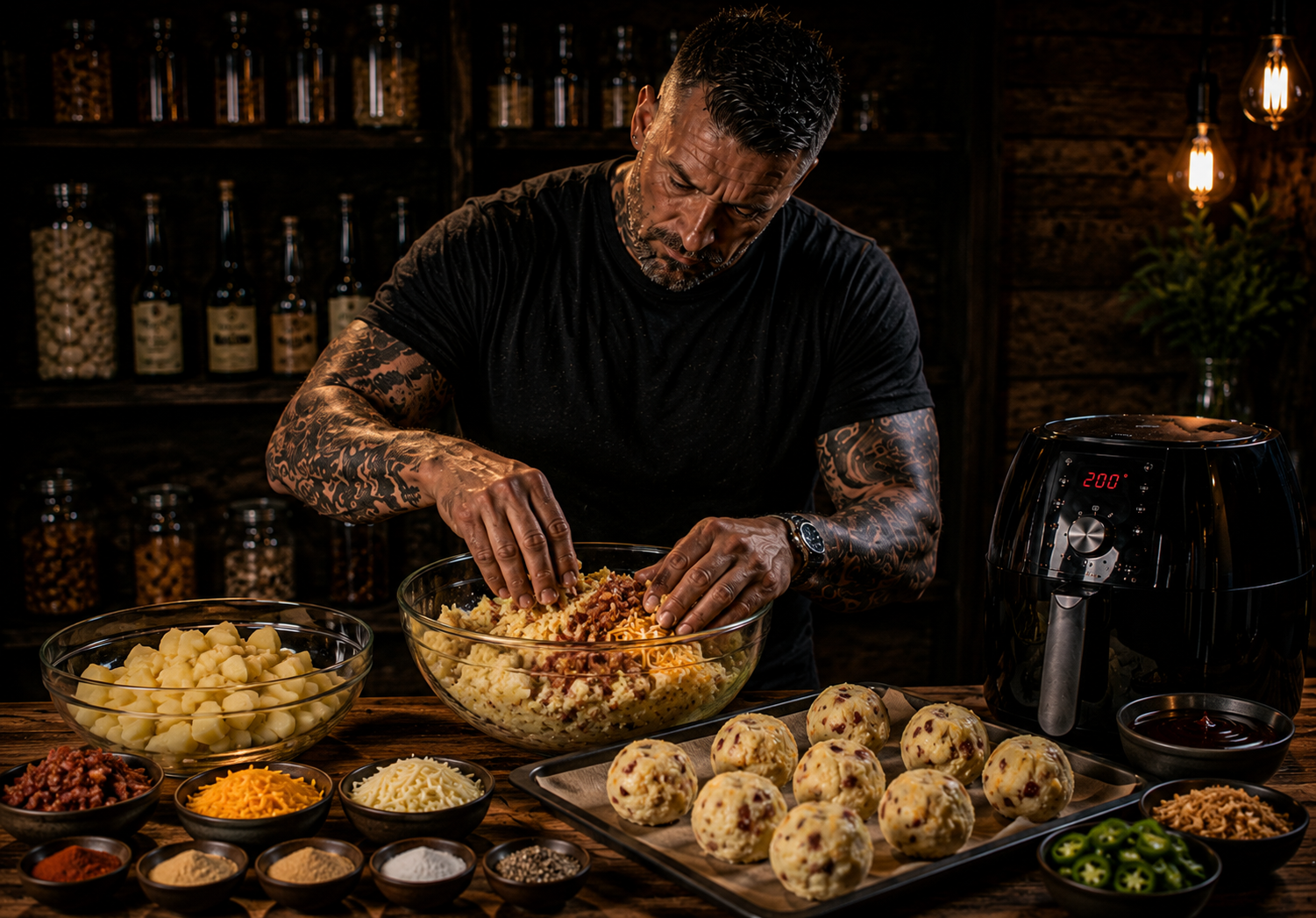 Air-Fryer BBQ Bacon Potato Bombs preparation stage