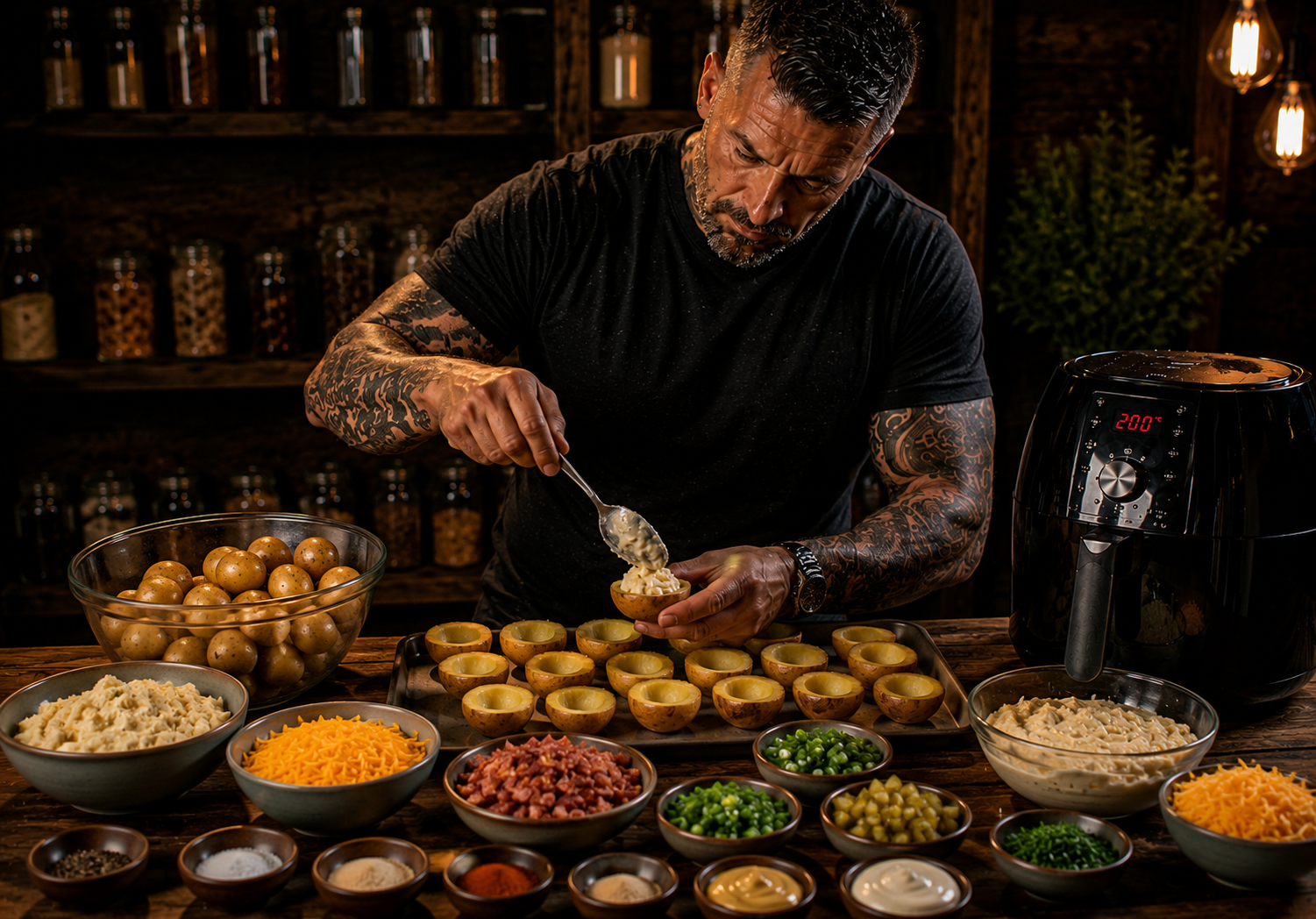 Air Fryer BBQ Bacon Ranch Devilled Potato Bites preparation stage