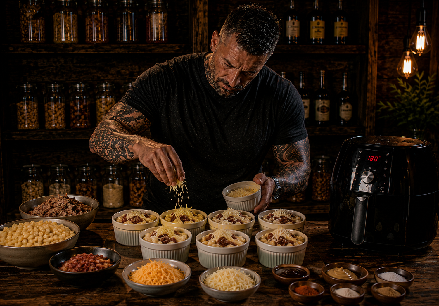 Air Fryer BBQ Brisket Mac & Cheese Pots preparation stage
