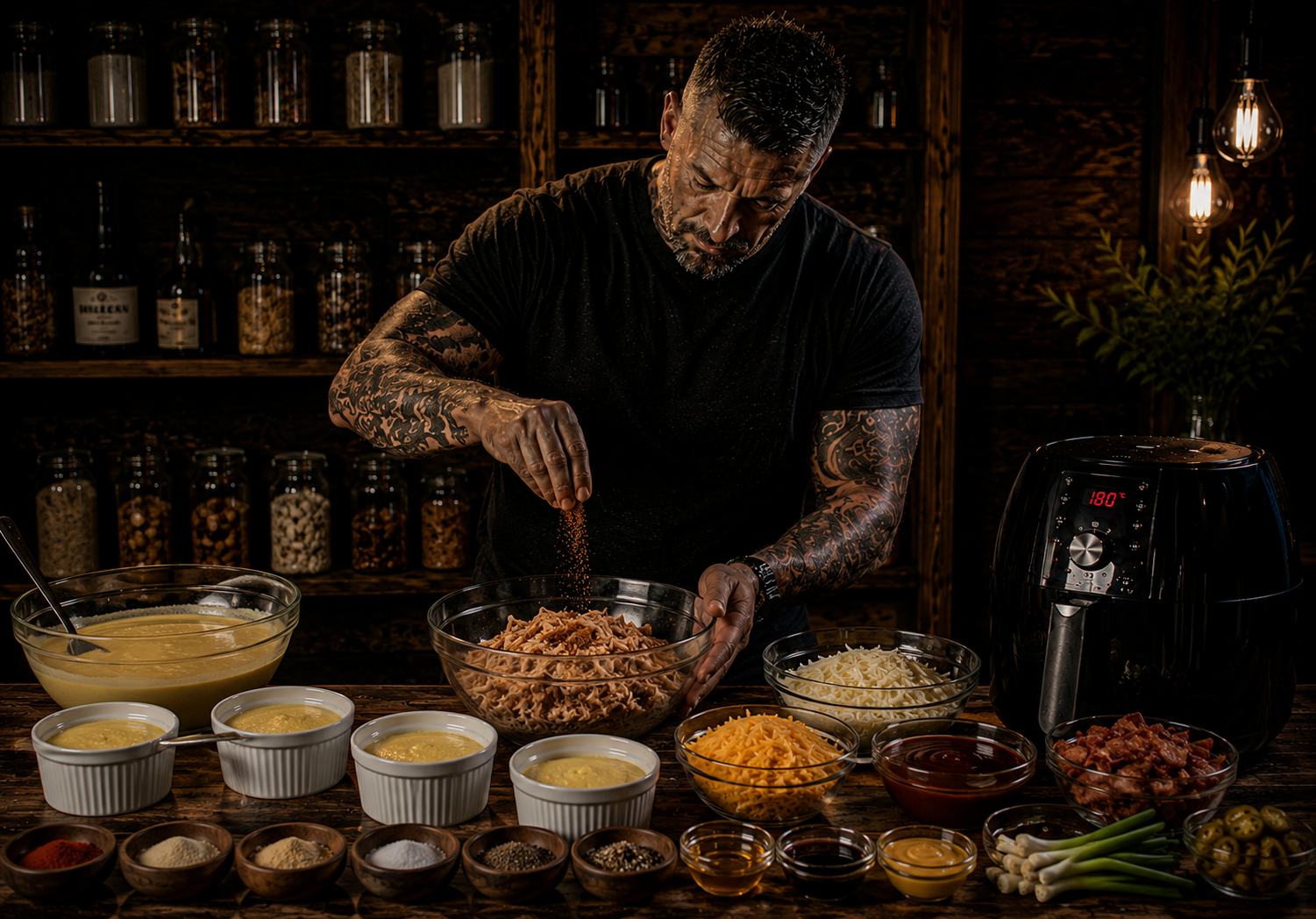 Air Fryer BBQ Chicken Cornbread Pots preparation stage