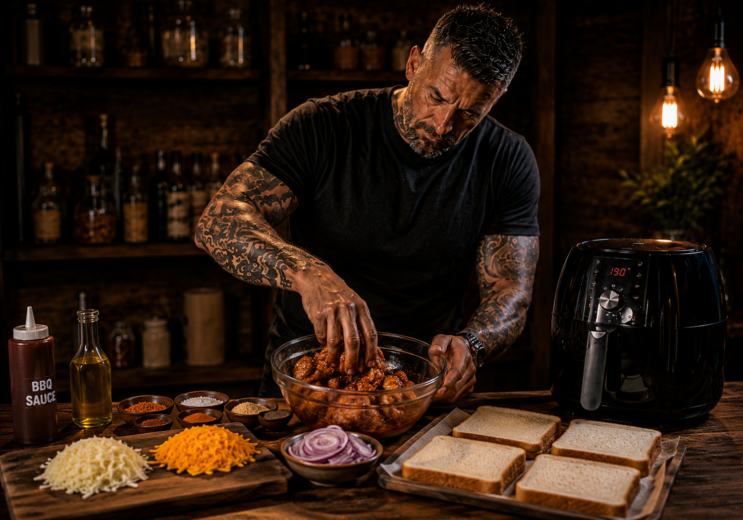 Air-Fryer Bbq Chicken Pizza Toasties preparation stage