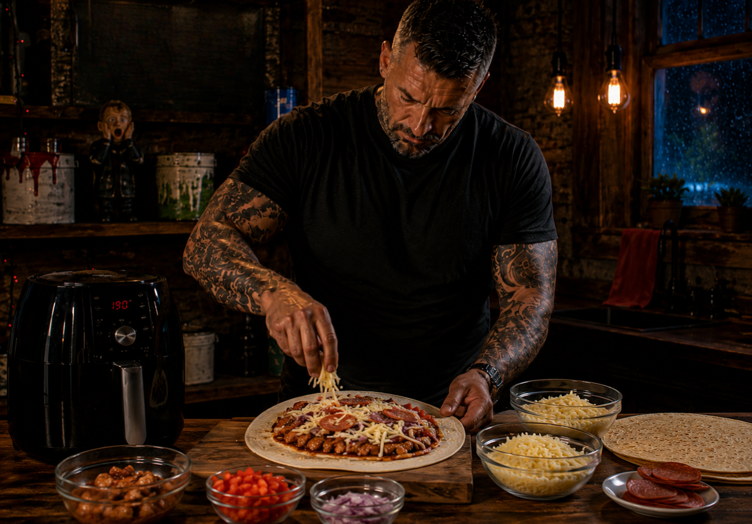 Air-Fryer Bbq Chicken Pizza Wrap preparation stage