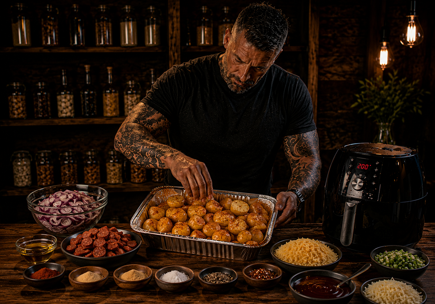 Air Fryer BBQ Chorizo Potato Trays preparation stage