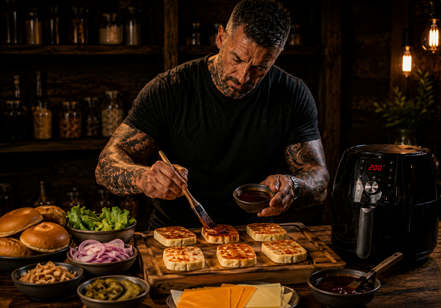 Air-Fryer BBQ Halloumi Burger Stacks preparation stage