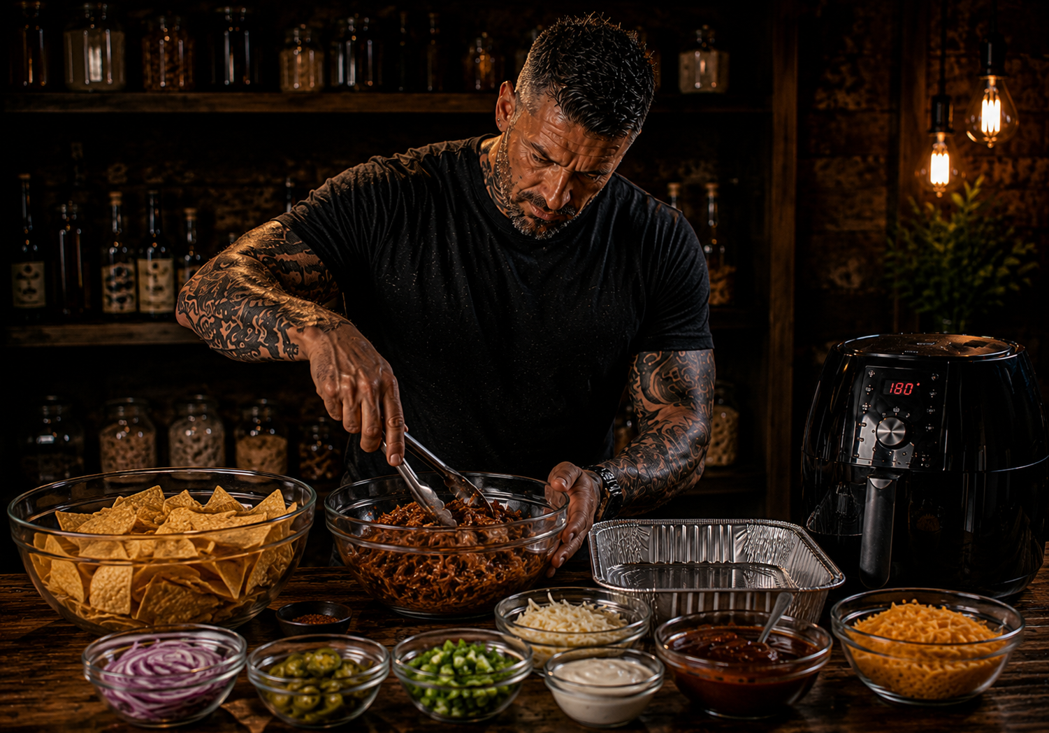 Air-Fryer BBQ Pulled Beef Loaded Nachos preparation stage