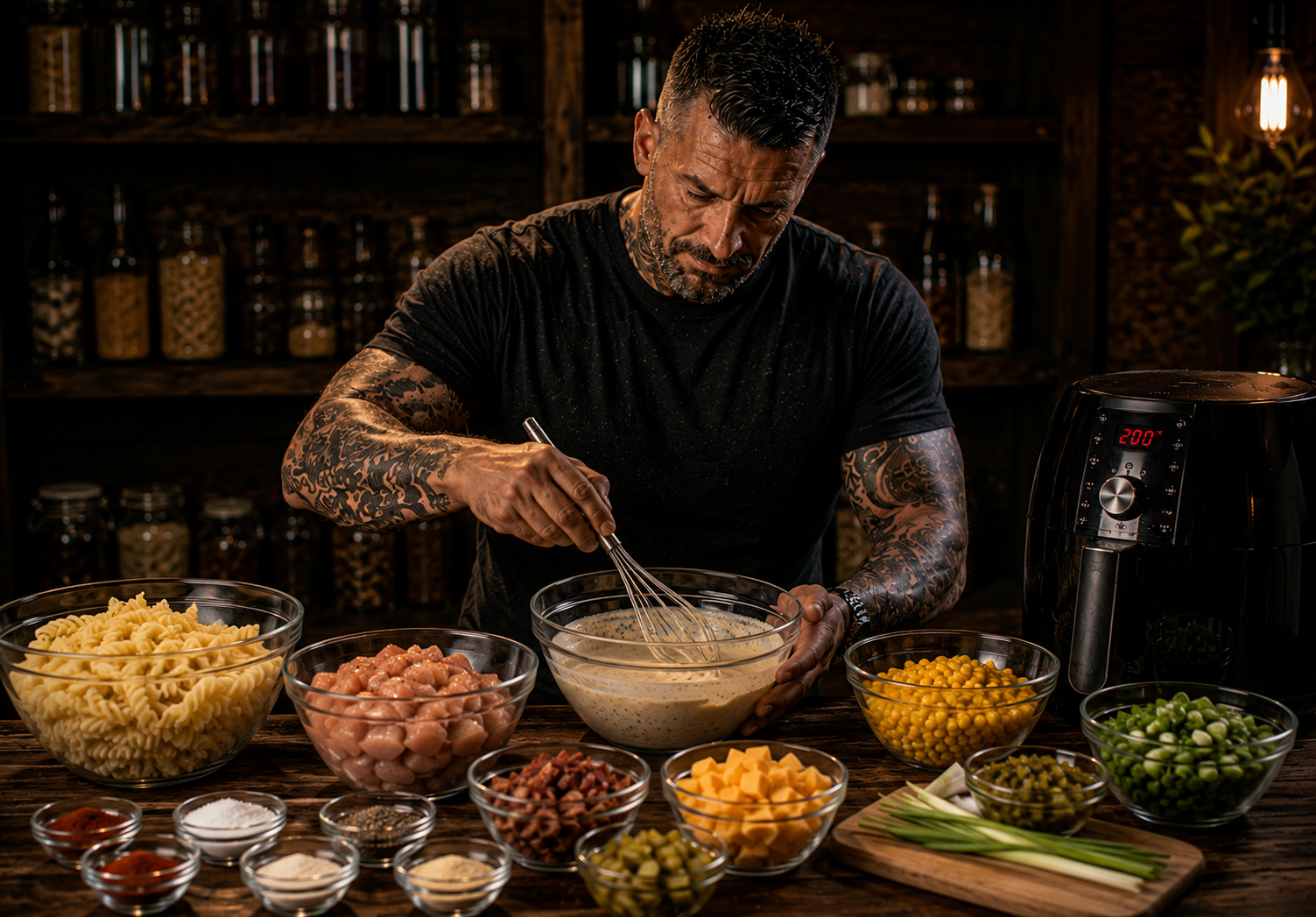 Air Fryer BBQ Ranch Pasta Salad Chicken Boxes preparation stage