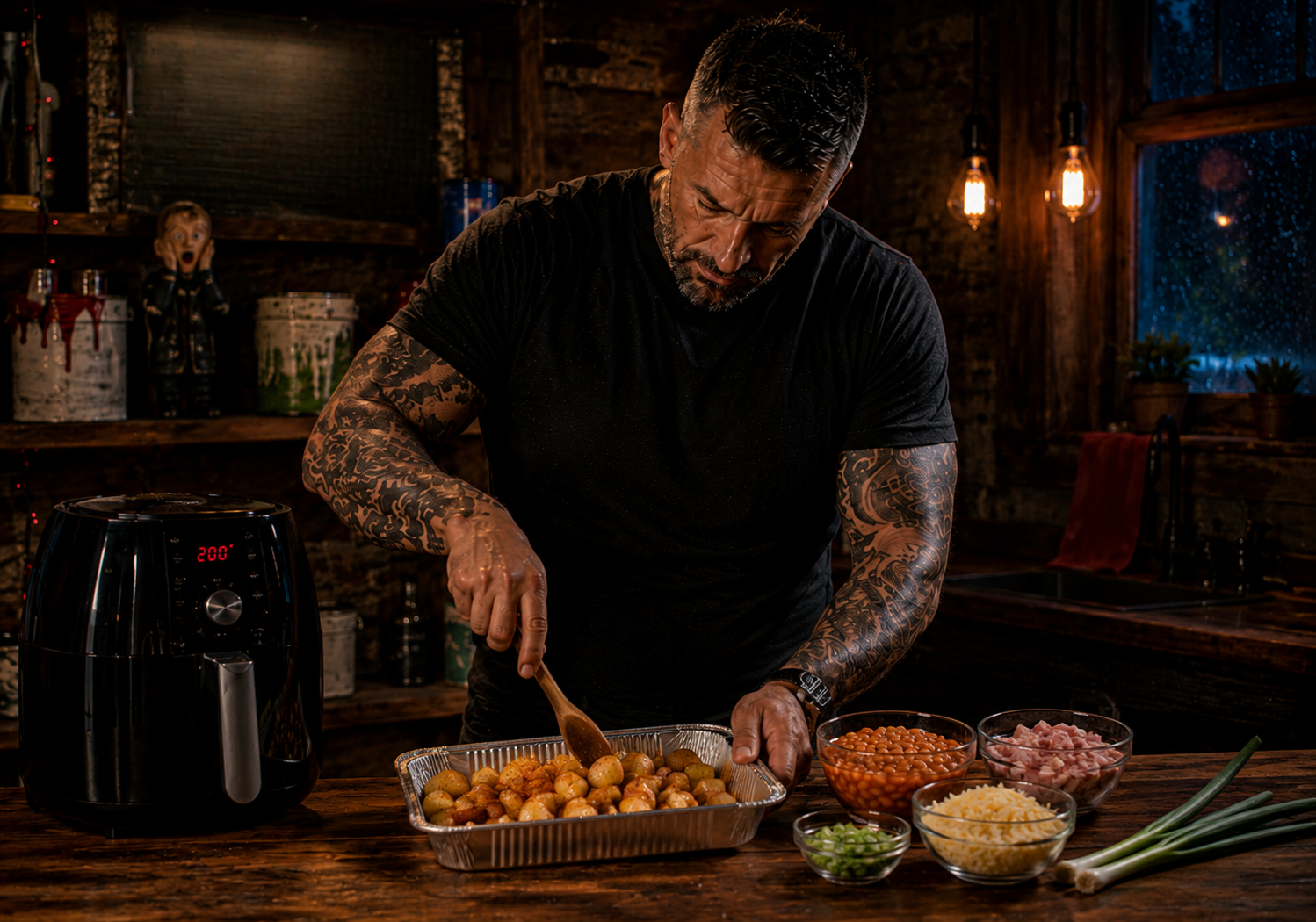 Air-Fryer Beans, Bacon & Potato Bake preparation stage
